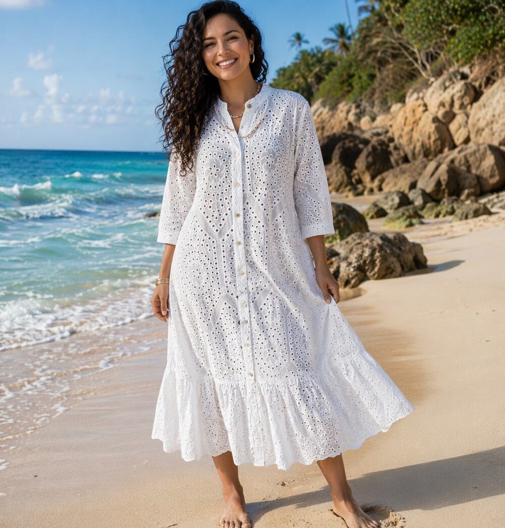 Milio Milano Women's boho 100% cotton Eyelet 3/4 sleeve midi Dress Size S NWOT